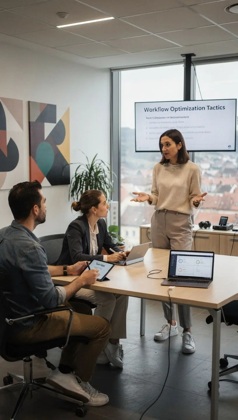 Echipă în ședință discutând strategii de îmbunătățire a proceselor de lucru și automatizare